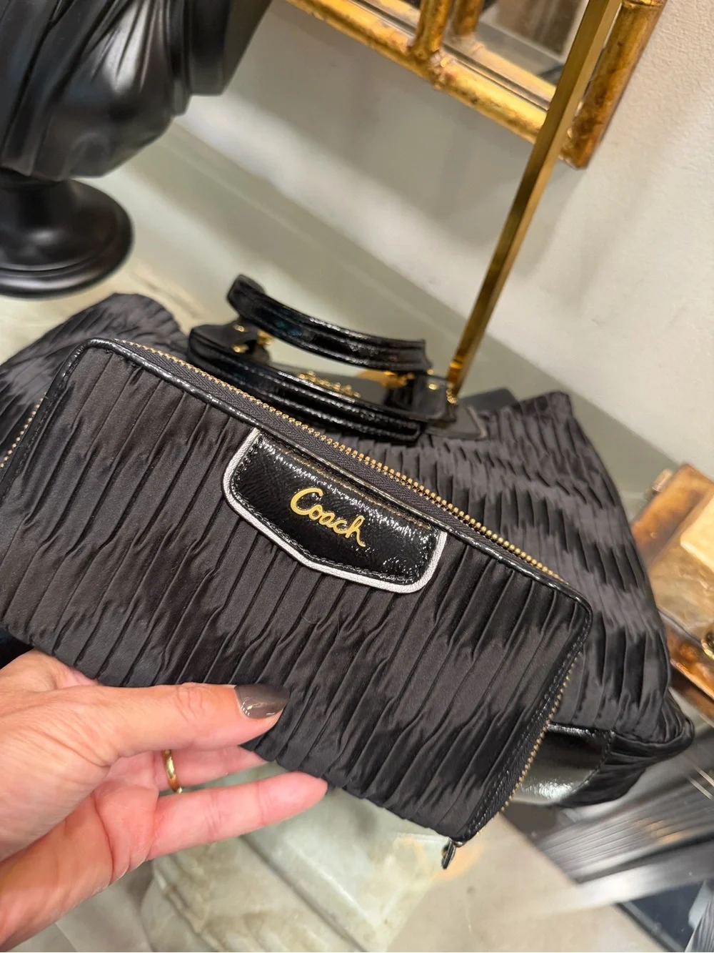 Coach EUC Black Pleated Tote and Wallet Set